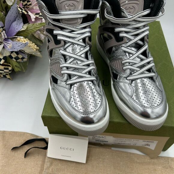 Men’s Gucci basket high top silver sneakers size 7.5 made in Italy - Picture 4 of 12